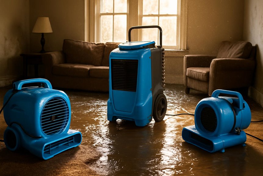 Water damage restoration equipment drying flooded living room