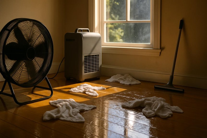 Fan and dehumidifier drying wet wooden floor