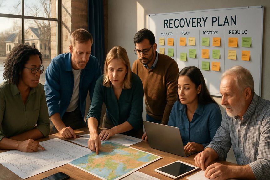 Team planning recovery strategy with maps and notes