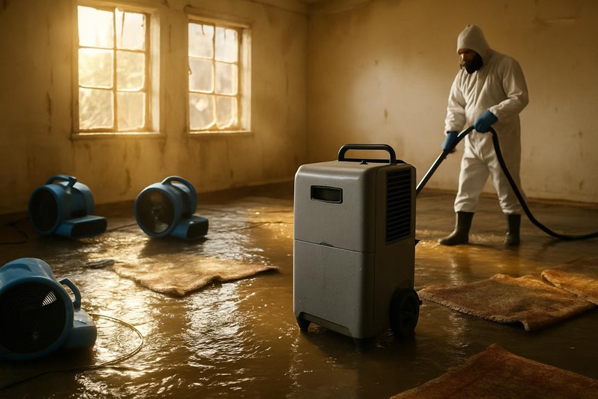 Worker cleaning flooded room with dehumidifiers