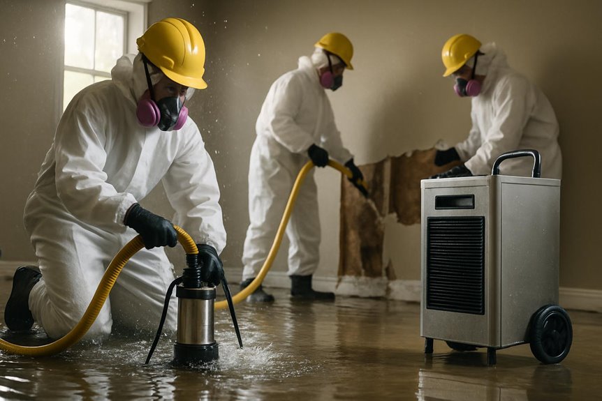 Workers cleaning flood damage in protective gear