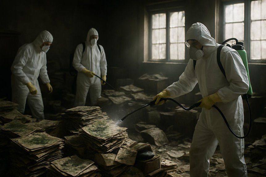 Workers disinfect moldy papers in protective suits