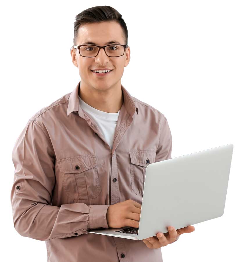 Smiling person using a laptop computer