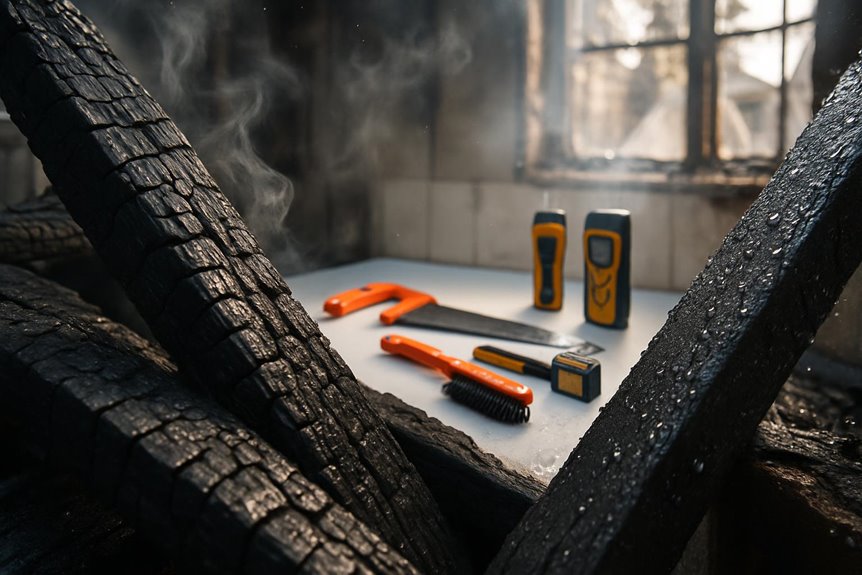 Burned wood and repair tools after fire damage