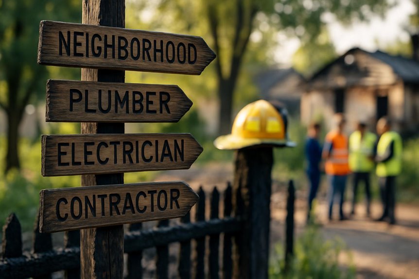 Construction workers near wooden direction signs