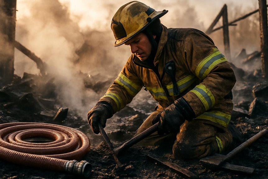Firefighter digging through smoky debris after fire