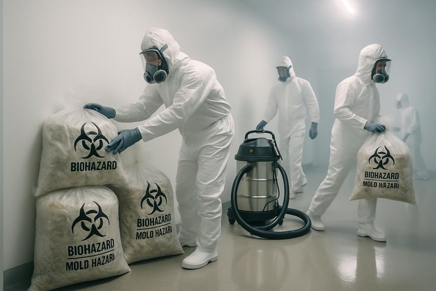 Workers handling biohazard mold cleanup materials