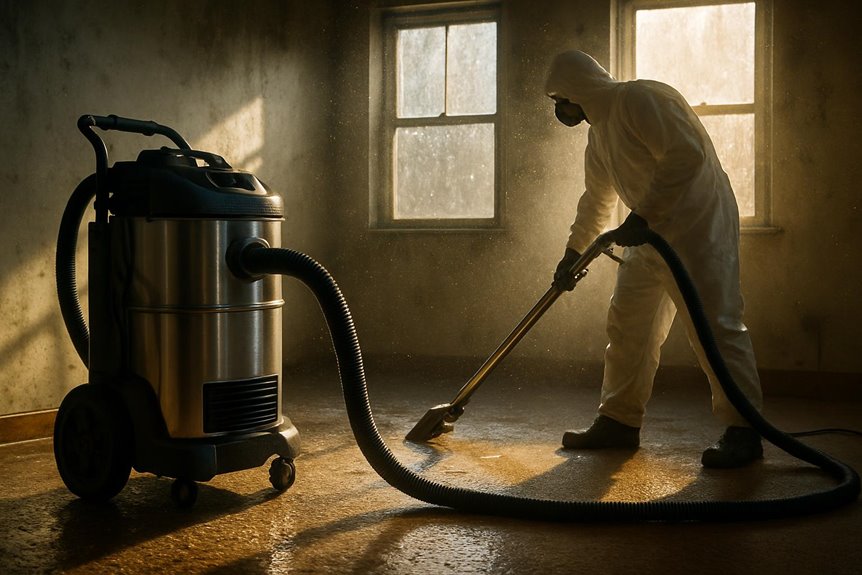 Worker cleaning floor with industrial vacuum machine