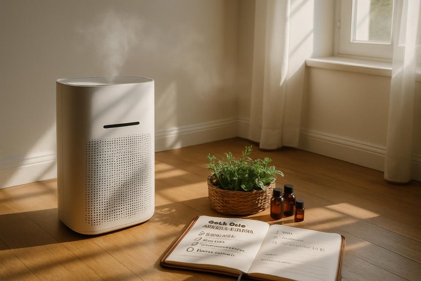 Air purifier beside plant and essential oils indoors