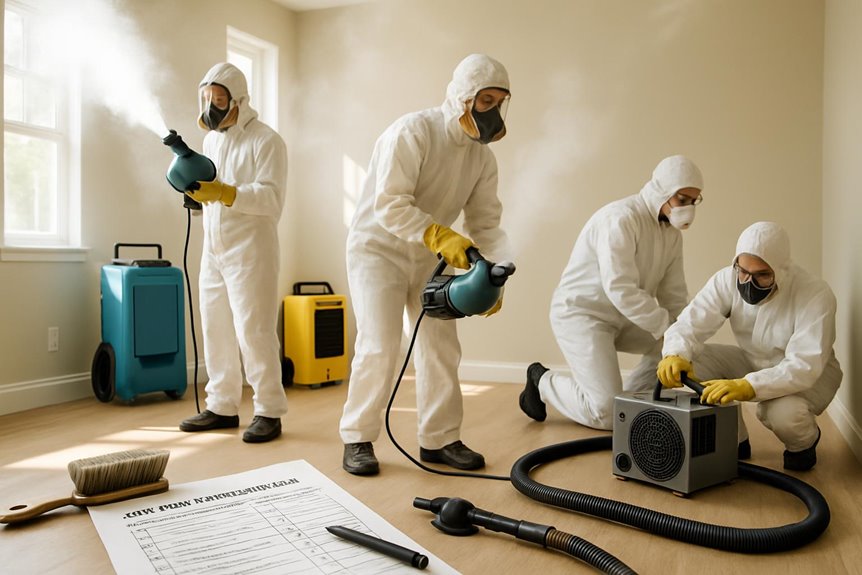 Workers disinfecting room in protective suits