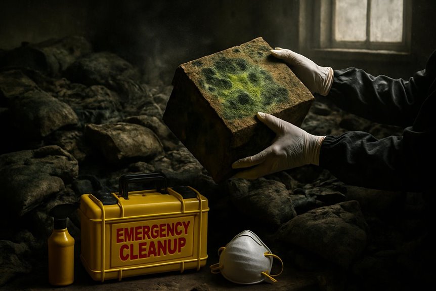 Person handling moldy brick during emergency cleanup.