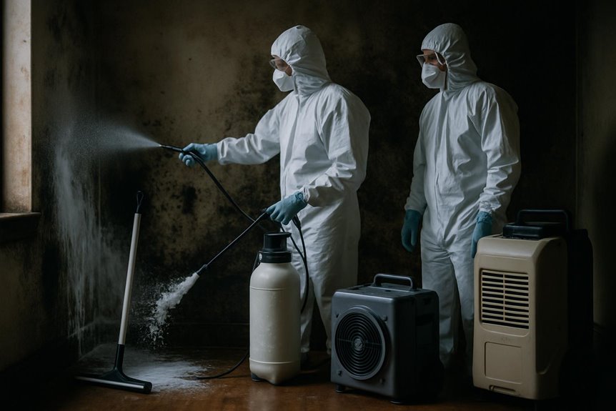 Professionals cleaning mold in protective suits