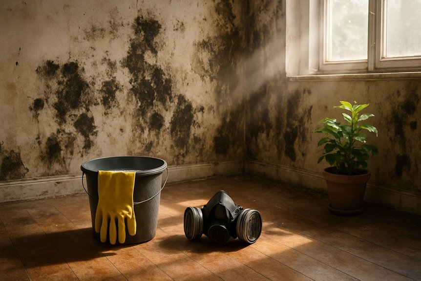 Moldy wall with cleaning gear and plant by window