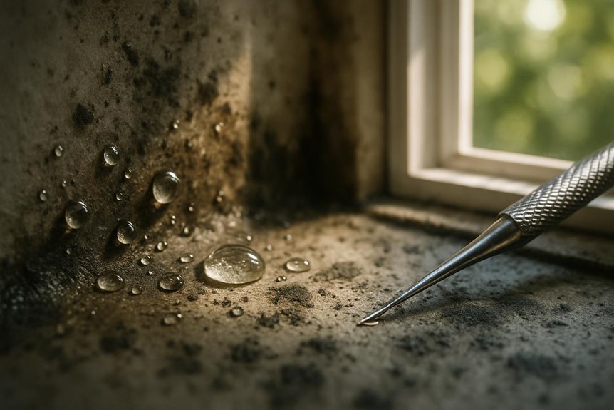 Condensation and mold on a dirty windowsill.