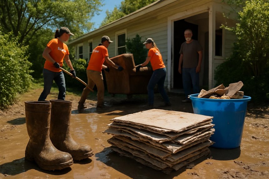 Volunteers clean muddy yard after flood damage