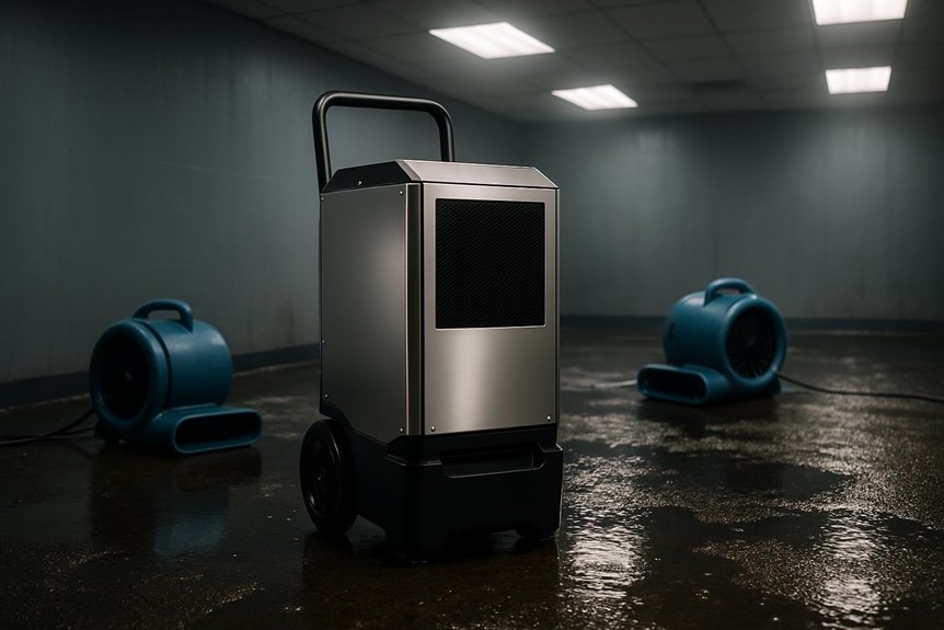 Industrial dehumidifier drying wet basement floor