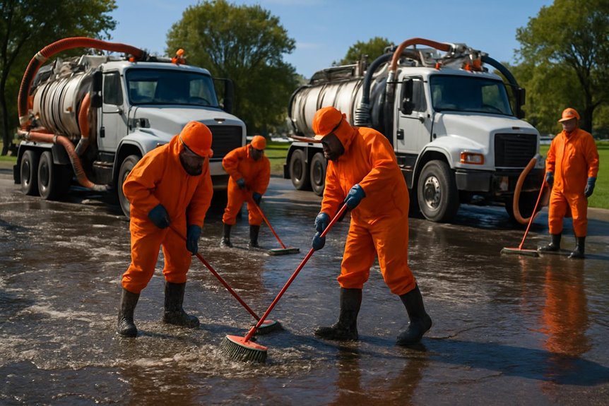 Workers cleaning street with water tank trucks