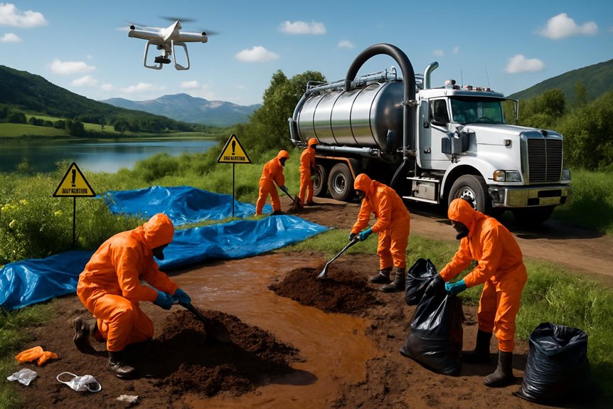 Workers cleaning hazardous spill near tanker truck
