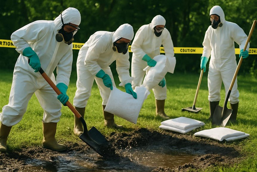 Workers cleaning hazardous spill in protective suits