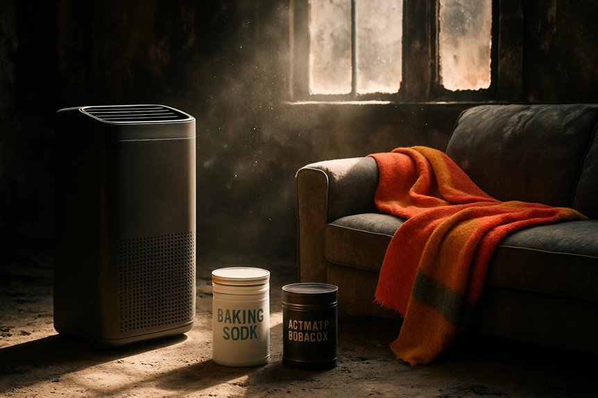 Air purifier beside sofa with orange blanket