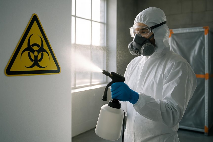 Worker disinfecting area with biohazard warning sign