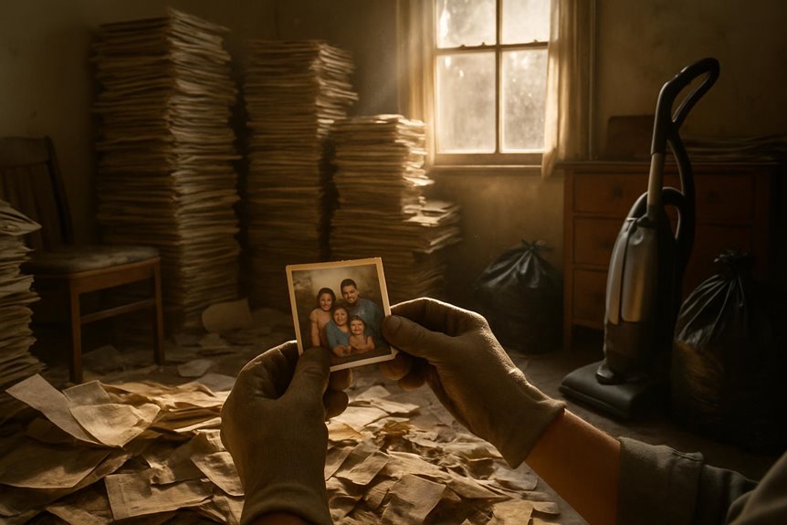 Person holding family photo in cluttered dusty room