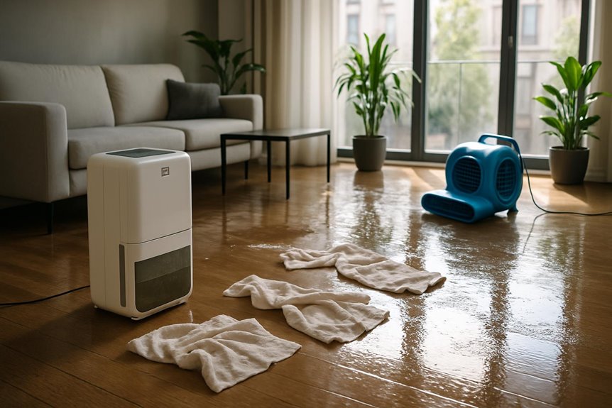 Dehumidifier drying water-damaged living room floor